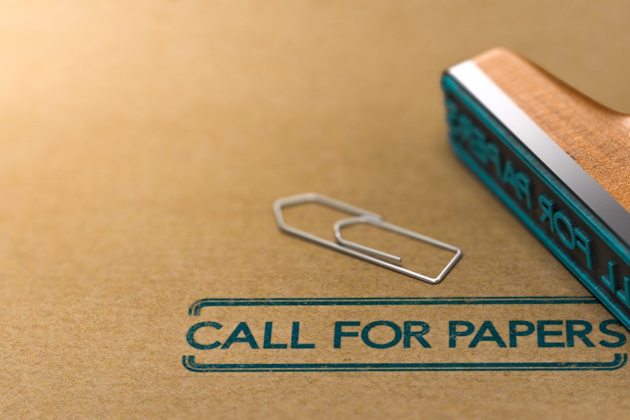 3D illustration of rubber stamp over paper background with the text call for papers.